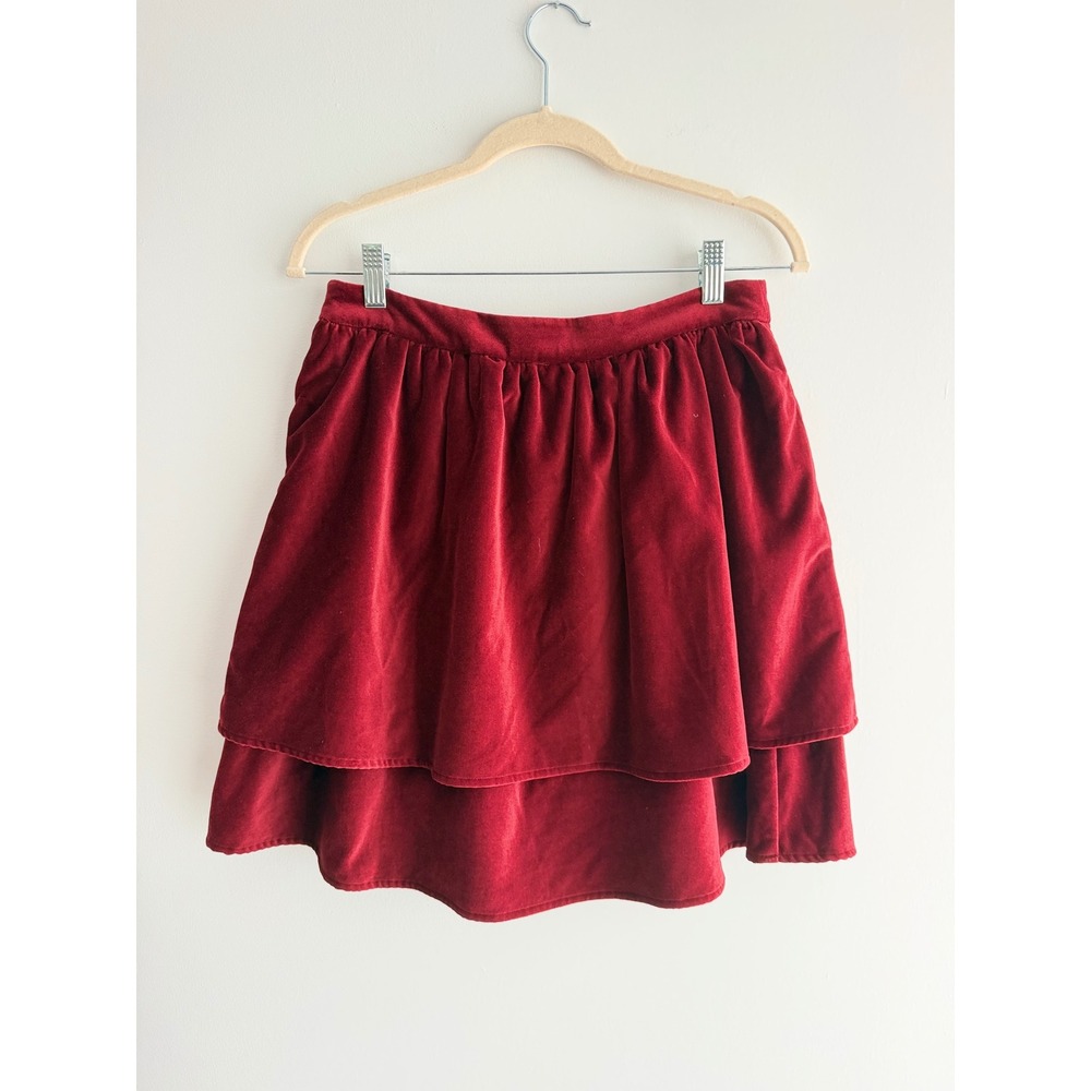 Steven Alan Burgundy Red Velvet Tiered Mini Skirt Cotton USA Holiday Sz 8
